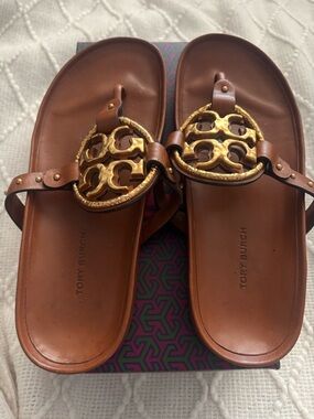 Tory Burch Brown Miller Cloud  Leather Logo Medallion Slide Sandals with Gold